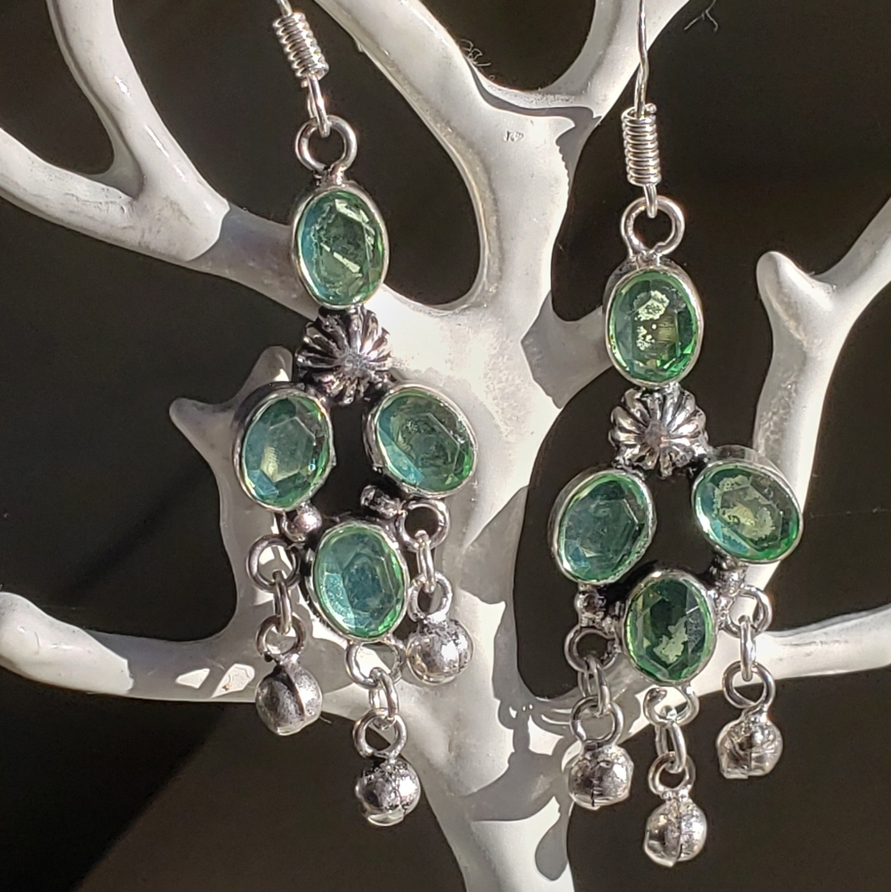 Green Amethyst & Silver Dangle Earrings, NWT, 17 Carats, Pale Mint, Handmade